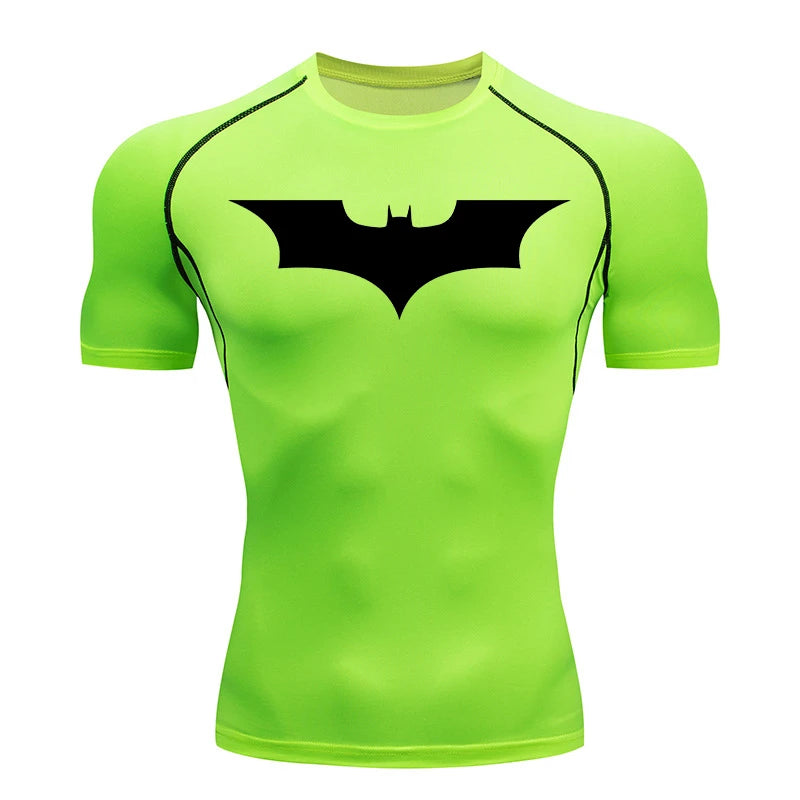 Bat Print Compression Shirts for Men Summer Short Sleeve Rash Guard Gym Workout Running Tshirt Athletic Quick Dry Tees Tops